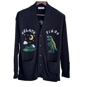 Gelato Piqué Homme Men's M Cardigan Plush Fleece Dinosaur Moon Graphic Dark Gray